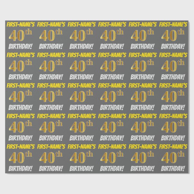 Papier Cadeau Grey, Faux/Imitation Gold, "40e ANNIVERSAIRE" (Plat)