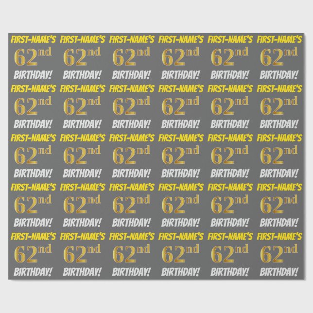 Papier Cadeau Grey, Faux/Imitation Gold, "62e ANNIVERSAIRE" (Plat)