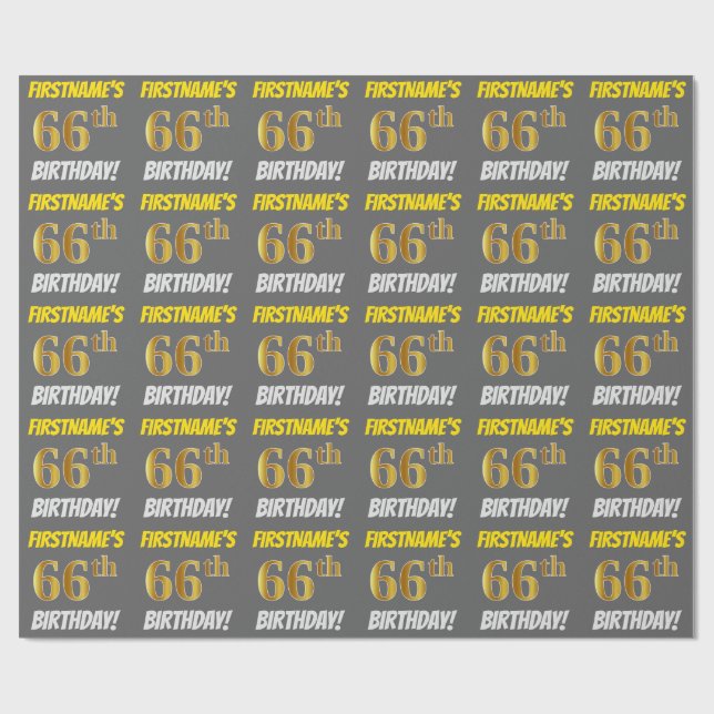 Papier Cadeau Grey, Faux/Imitation Gold, "66e ANNIVERSAIRE" (Plat)