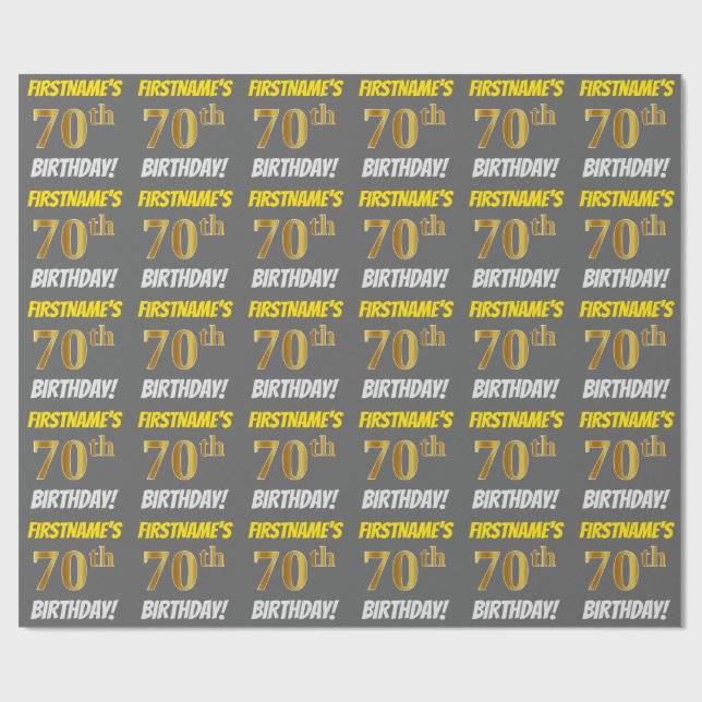 Papier Cadeau Grey, Faux/Imitation Gold, "70e ANNIVERSAIRE" (Plat)