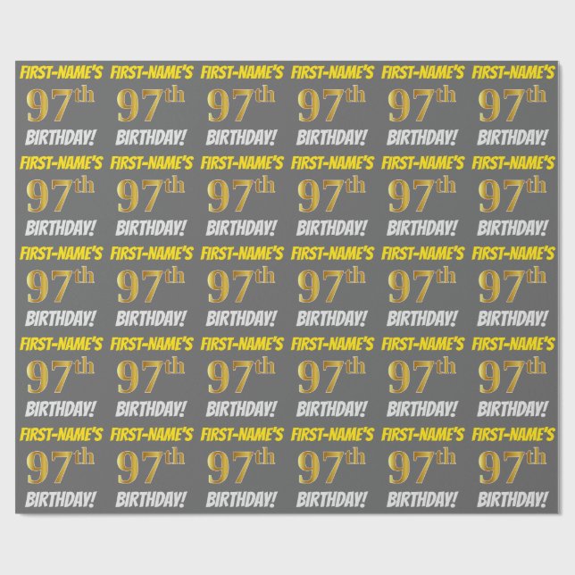 Papier Cadeau Grey, Faux/Imitation Gold, "97e ANNIVERSAIRE" (Plat)