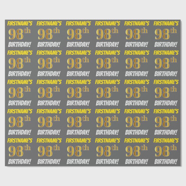 Papier Cadeau Grey, Faux/Imitation Gold, "98e ANNIVERSAIRE" (Plat)
