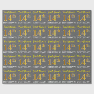 Papier Cadeau Grey, Imitation Gold Look "14e anniversaire"