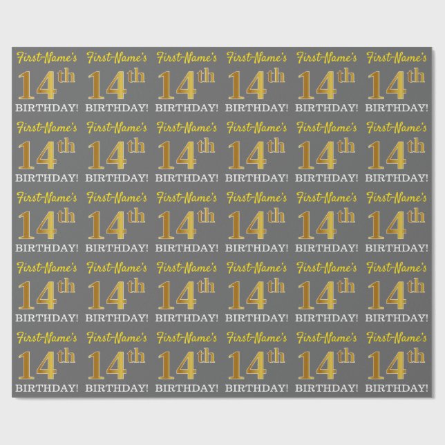 Papier Cadeau Grey, Imitation Gold Look "14e anniversaire" (Plat)
