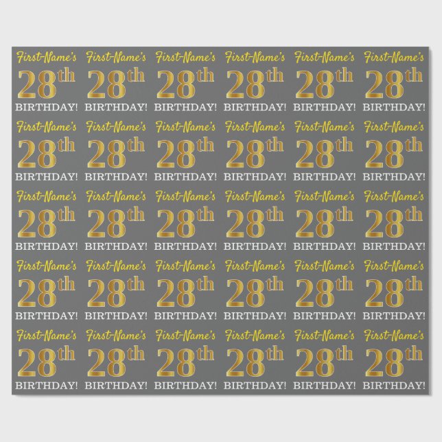 Papier Cadeau Grey, Imitation Gold Look "28e anniversaire" (Plat)