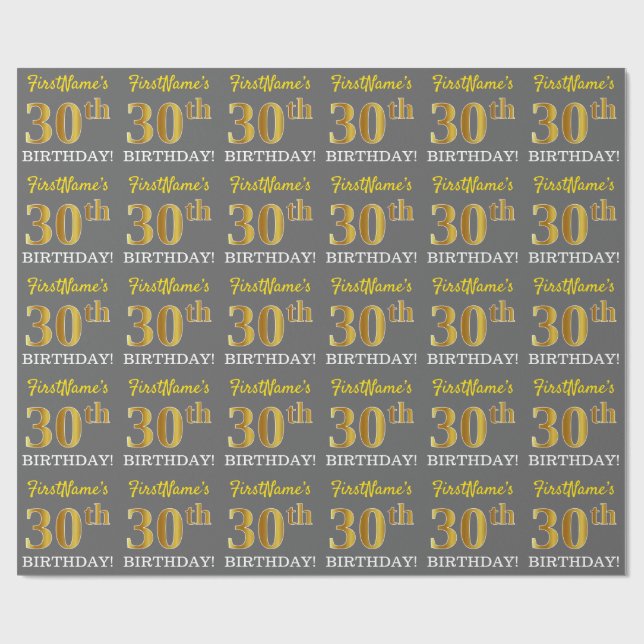 Papier Cadeau Grey, Imitation Gold Look "30e anniversaire" (Plat)