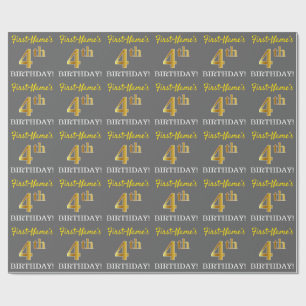 Papier Cadeau Grey, Imitation Gold Look "4th BIRTHDAY"