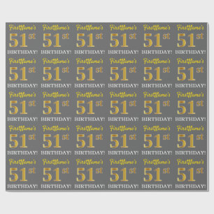 Papier Cadeau Grey, Imitation Gold Look "51ème anniversaire"