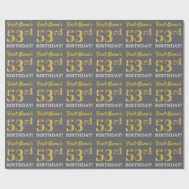 Papier Cadeau Grey, Imitation Gold Look "53ème anniversaire" (Plat)