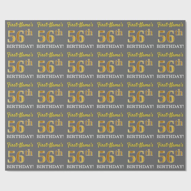 Papier Cadeau Grey, Imitation Gold Look "56e anniversaire" (Plat)