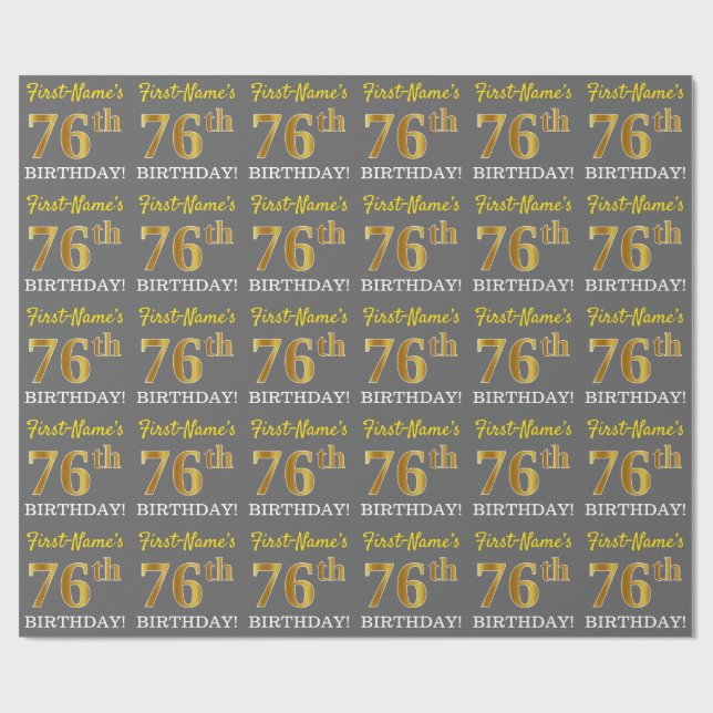 Papier Cadeau Grey, Imitation Gold Look "76e anniversaire" (Plat)