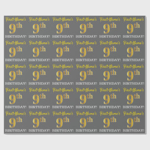 Papier Cadeau Grey, Imitation Gold Look "9e anniversaire"