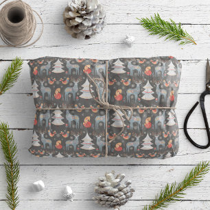 Papier Cadeau Grey Nordic Reindeer Noël Arbre Floral Fête