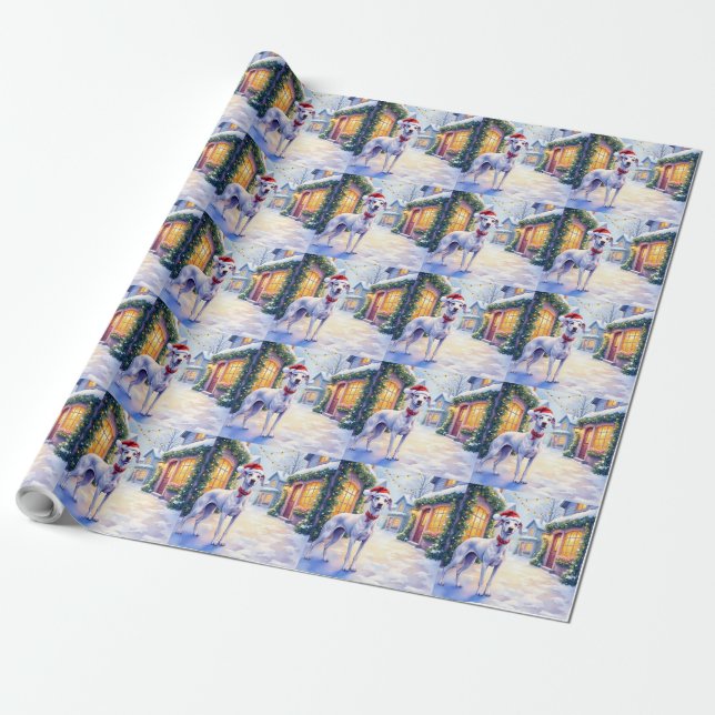 Papier Cadeau Greyhound Snowy Village Santa Hat Christmas Art (Déroulé)