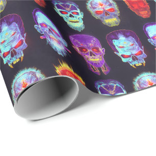 Papier Cadeau Grille de crâne en feu - Lueur néon de zombie