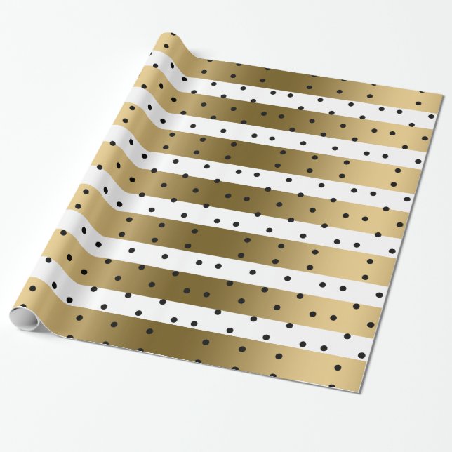Papier Cadeau Grilles Or & Blanc Avec Pois Noirs (Déroulé)