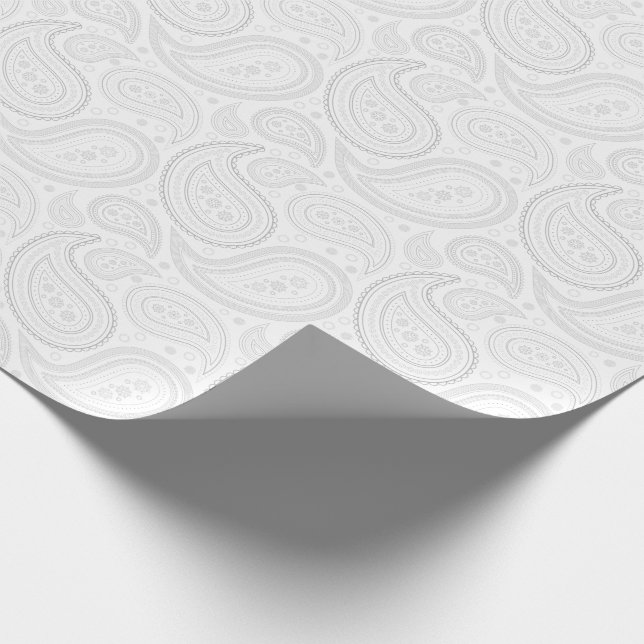 Papier Cadeau Gris de Paisley sur le papier d'emballage blanc (Coin)