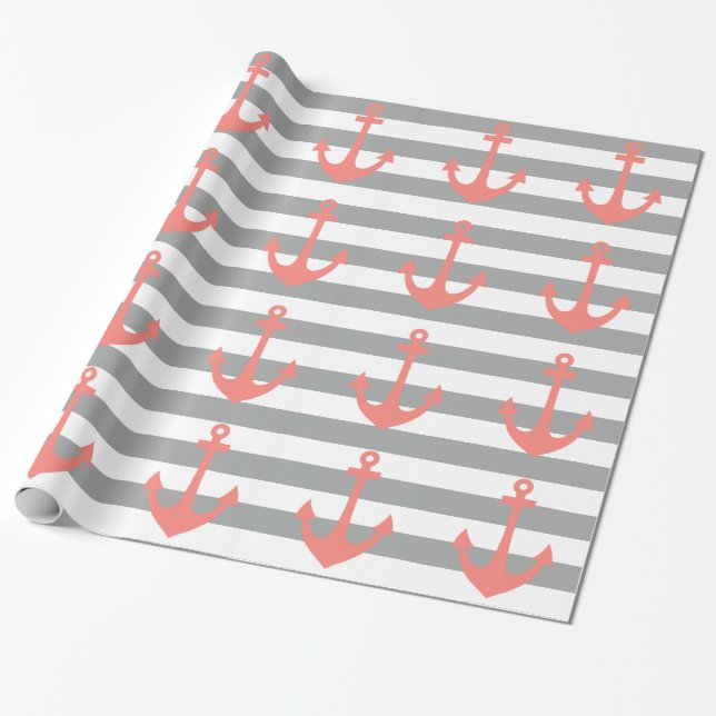 Papier Cadeau Gris et blanc avec corail Ancre nautique (Déroulé)
