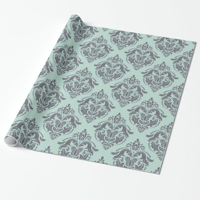Papier Cadeau Gris et vert clair Damas florales (Déroulé)