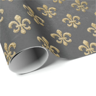 Papier Cadeau Gris Gris Or Grungy Fleur De Lis Royal Graphite