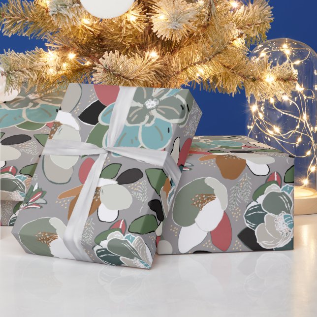 Papier Cadeau Gris Noir Rouge Floral Hiver Magnolia (Vacances)