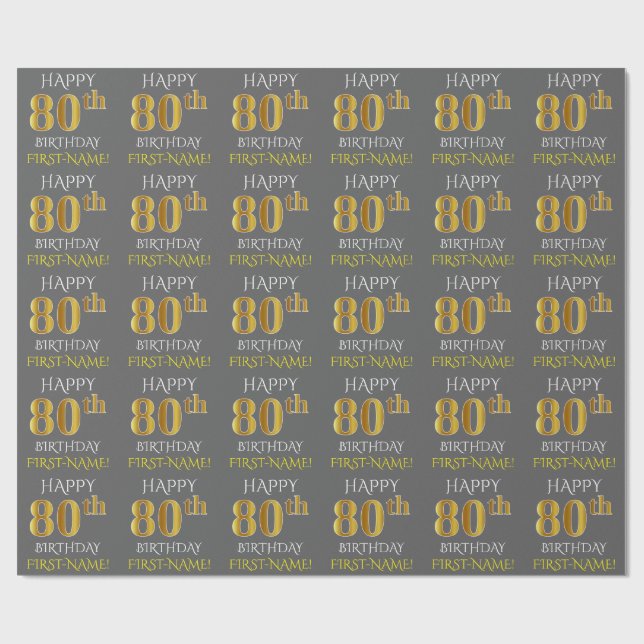 Papier Cadeau Gris, or "JOYEUX quatre-vingtième ANNIVERSAIRE " (Plat)