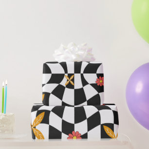 Papier Cadeau Groovy Daisy Floral Damier, Y2K 90s Emballage