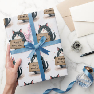 Papier Cadeau Gros Tuxedo Cartographie Chat avec signe d'anniver