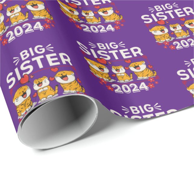 Papier Cadeau Grosse Soeur Tigre Coeurs d'Amour 2024 (Coin rond)