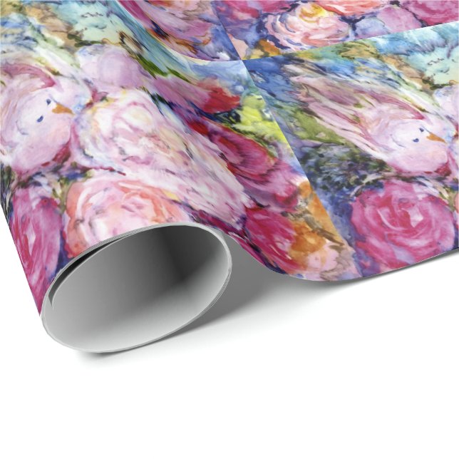 Papier Cadeau Groupes de fleurs roses et d'oiseau rose (Coin rond)
