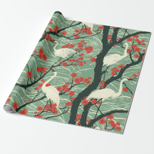 Papier Cadeau Grue Japonaise et Fleur de Cerisier - Art Oriental
