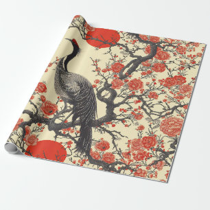 Papier Cadeau Grue oriental et pivoine - Art asiatique tradition