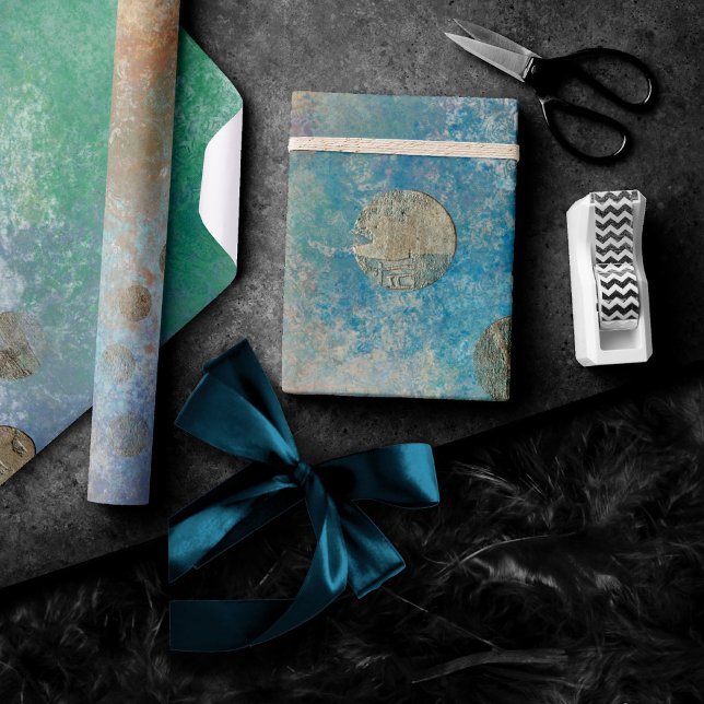 Papier Cadeau Grunge Côtière | Aquarelle bleu et vert or (Créateur téléchargé)