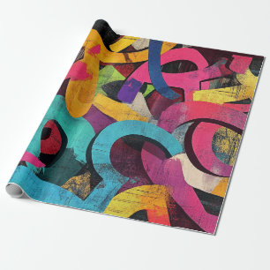 Papier Cadeau Grunge Graffiti Abstrait en Rose Jaune Bleu