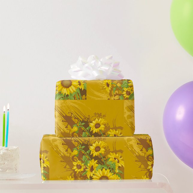 Papier Cadeau Grunge Tournesol Art Bold Rustique Jaune Floral (Créateur téléchargé)