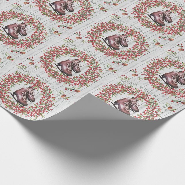 Papier Cadeau Guirlande et patins rustiques de vacances de Noël (Coin)