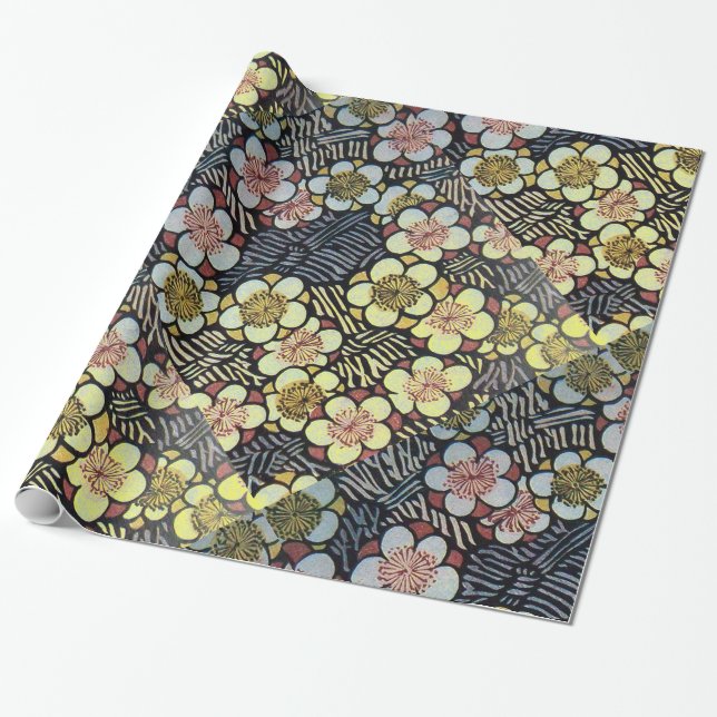 PAPIER CADEAU HAIKU/ FLEURS DE PRINTEMPS JAUNE ROSE BLANC NOIR (Déroulé)