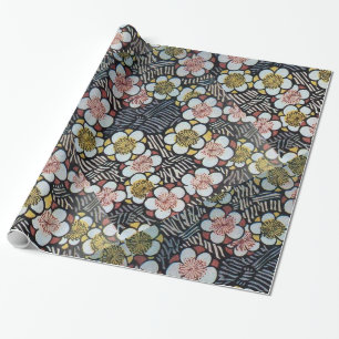 PAPIER CADEAU HAIKU/ FLEURS DE PRINTEMPS JAUNE ROSE BLANC NOIR