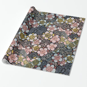 PAPIER CADEAU HAIKU/ FLEURS DE PRINTEMPS JAUNE ROSE BLANC NOIR
