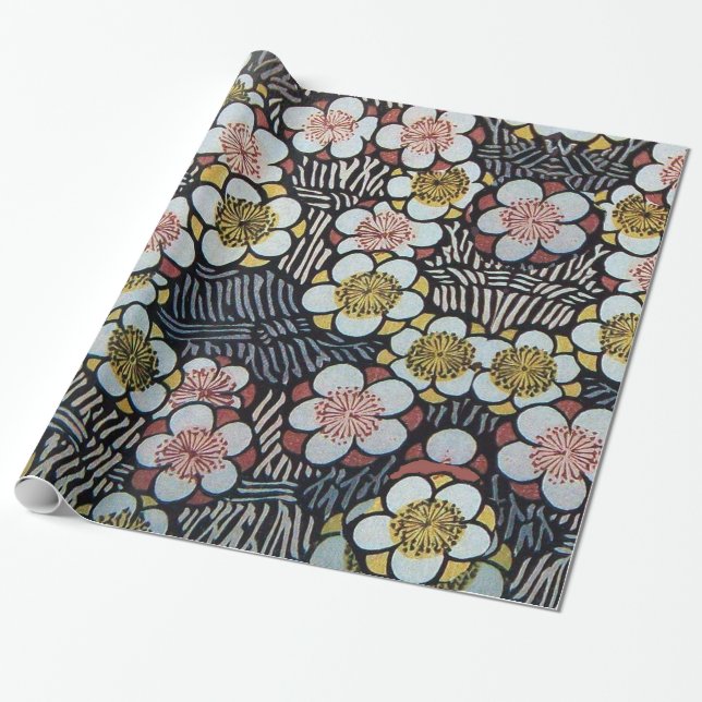 PAPIER CADEAU HAIKU FLEURS DE PRINTEMPS ROSE ROSE NOIR (Déroulé)