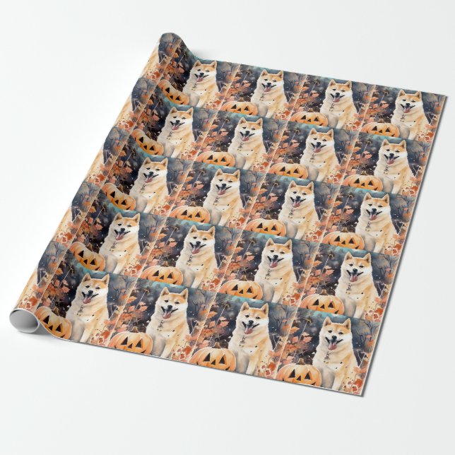 Papier Cadeau Halloween Akita Avec Peur Citrouille (Déroulé)