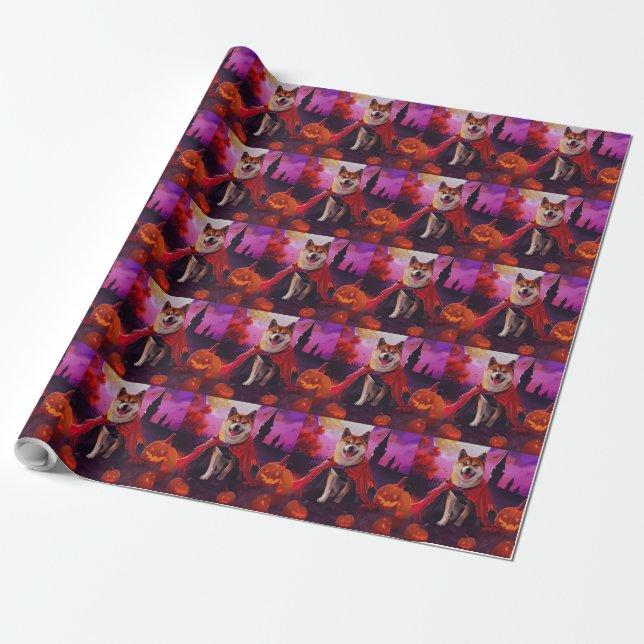 Papier Cadeau Halloween Akita Vampire Citrouilles peur (Déroulé)
