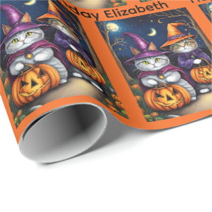 Papier Cadeau Halloween Anniversaire Personnaliser Nom Chat Sorc