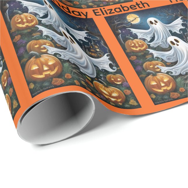 Papier Cadeau Halloween Anniversaire Personnaliser Nom Éffrayant (Coin rond)