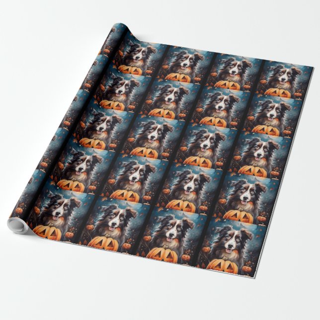 Papier Cadeau Halloween Berger Australien Avec La Peur Citrouill (Déroulé)