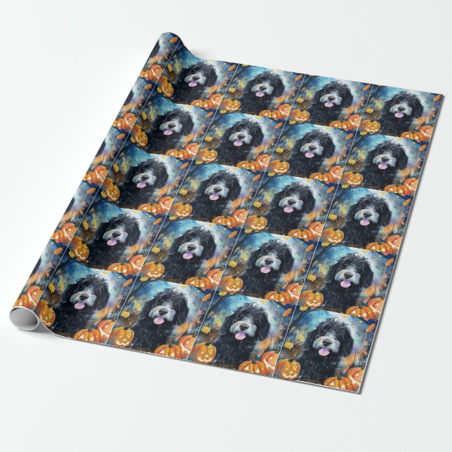 Papier Cadeau Halloween Bernedoodle Avec La Peur Citrouille (Déroulé)