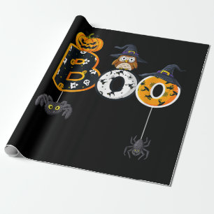 Papier Cadeau Halloween Boo Owl avec sorcière Casquette Spiders