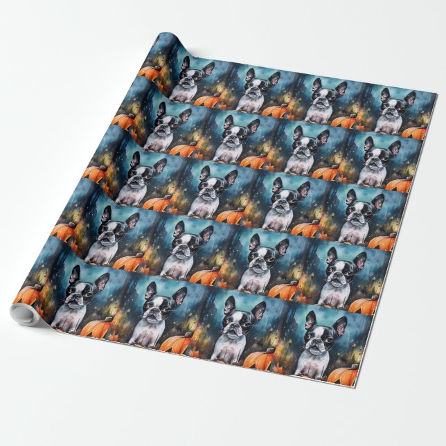 Papier Cadeau Halloween Boston Terrier avec la peur Citrouille (Déroulé)