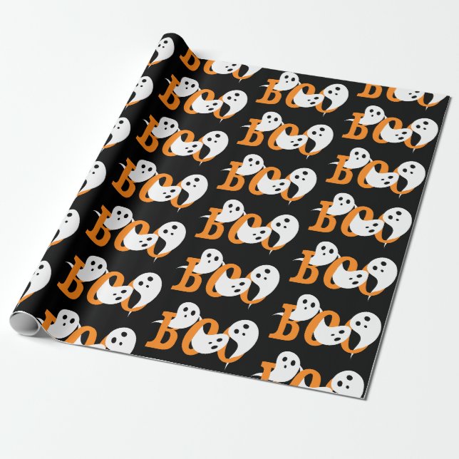 Papier Cadeau Halloween branché Fantômes Boo Noir (Déroulé)