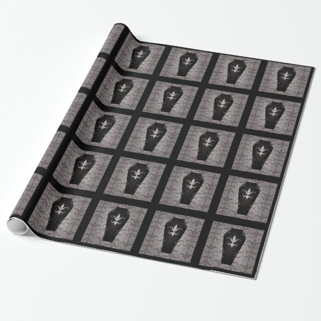 Papier Cadeau Halloween cercueils gothiques en noir et gris (Déroulé)